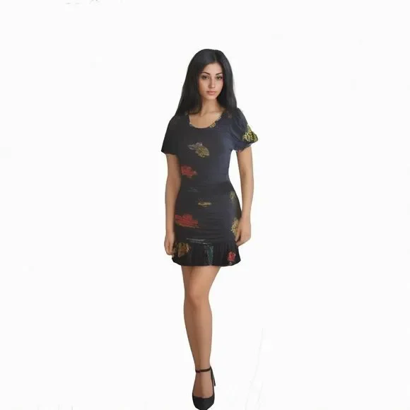 GANNI Ruched Floral print mesh jersey mini dress Size 38 GER - Picture 3 of 8